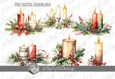 christmas candles and holly wreaths digital clipart