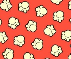 a red background with white cartoon character heads on the top and bottom half of it