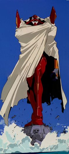 an animated image of a man standing on top of a boat in the ocean with his cape draped over his head