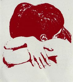 a red and white drawing of a woman's head with her hands on her chest