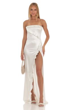 Annabel Strapless Satin Maxi Dress in White | LUCY IN THE SKY Long Bow Dress, Poofy Dresses, Prom Dresses Satin, Reception Dresses, Prom Dress Inspo, Dresses Graduation, Spring Formal, Dance Ideas, Wedding Festivities