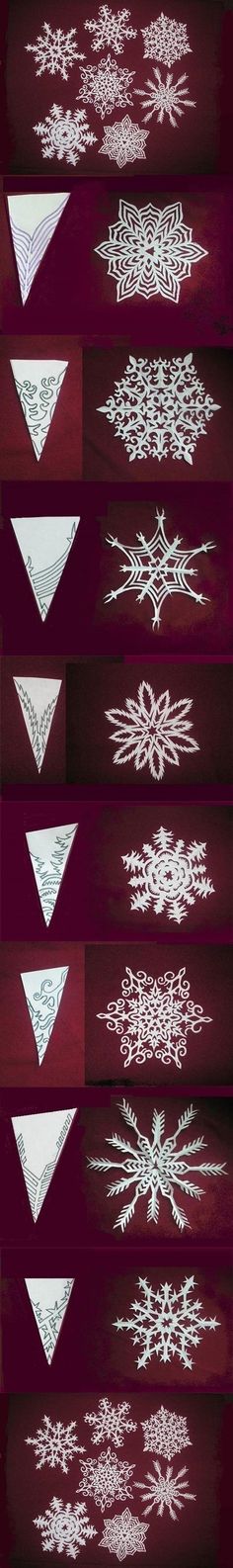 an array of snowflakes are shown in red and white