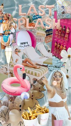 a collage of photos with flamingos and other items