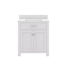 a white vanity with two doors and a sink in the middle, on a white background