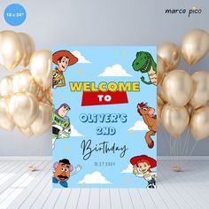 a welcome sign with balloons in the air and cartoon characters on it for a 2nd birthday