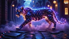 a stylized image of a cat with glowing lights on it's face and tail