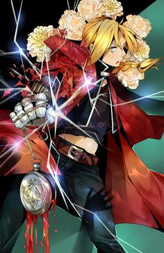 an anime character with blonde hair and red cape, holding a clock in his hand