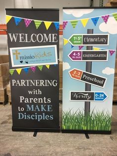 two signs advertising children's events and the words, welcome to our mission kids with parents to make displaces