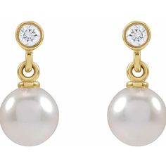 Yellow Gold Round Diamond Earrings With Pearl Drop, Formal Gold Bezel Set Earrings, Elegant Round Cut Bezel Set Earrings, Elegant Gold Earrings With Bezel Setting, Elegant Yellow Gold Earrings With Bezel Setting, Elegant Diamond White Bezel Setting Earrings, Gold Earrings With Bezel Setting Timeless Style, Elegant Bezel Set Drop Earrings, Diamond White Bezel Set Earrings For Formal Occasions