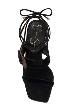 A pronounced instep buckle and wraparound ankle ties lend visual intrigue to a lofty sandal set on a chunky platform and soaring block heel. 4 1/2" heel; 1" platform Wraparound ankle strap with tie closure Leather upper/synthetic lining/rubber sole Imported Adjustable High Heel Wedge Sandals With Buckle, Black Sandals With Heel Strap And Ankle Wrap, Black Ankle Wrap Sandals With Heel Strap, Adjustable Wedge Heels With Buckle Closure, Adjustable Buckle Closure Wedge Heels, Jessica Simpson Sandals, Chunky Platform Sandals, Pink Jewels, Ankle Wrap Sandals