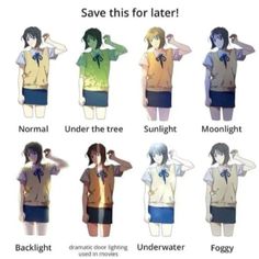 an image of some anime characters with different clothes and words that say, save this for later