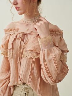 Ivy 31 | Ruffled linen fairy blouse Feminine Summer Lace Top With Lace Cuffs, Feminine Beige Linen Blouse, Bohemian Linen Blouse With Ruffles, Pink Lace Blouse With Ruffles, Feminine Summer Blouse With Delicate Lace, Summer Feminine Blouse With Delicate Lace, Fairy Blouse, Victorian Blouse, Light Coral