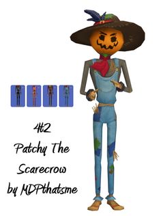 the scarecrow is wearing overalls and a hat with an orange pumpkin on it