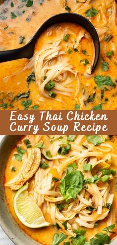 easy thai chicken curry soup recipe in a bowl with limes and cilantro