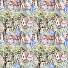 a watercolor painting of a woman in blue dress standing next to a tree and house