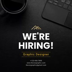 we're hiring graphic designer business card with coffee cup and laptop on black background