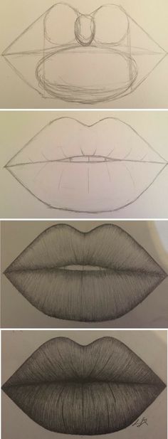 three different stages of drawing lips