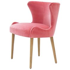 a pink chair with wooden legs and an upholstered backrest, on a white background