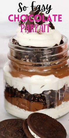 chocolate parfait dessert in a jar with oreo cookies