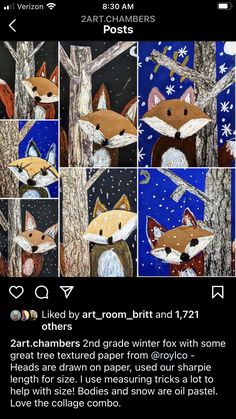 an art project with pictures of foxes and snowflakes on the tree branches, which are made out of paper