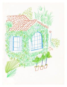 a drawing of a house with windows and plants