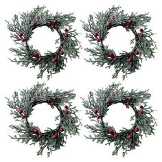 four christmas wreaths with red berries and pine needles on white background, set of 4