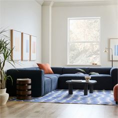 a living room filled with furniture and a blue rug on top of a hard wood floor