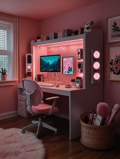 a bedroom with pink walls and furniture in the room is lit up by neon lights