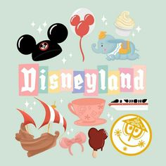 the word disneyland is surrounded by various disney characters and other things that are in front of it