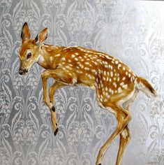 a painting of a baby deer jumping in the air on a wallpapered background