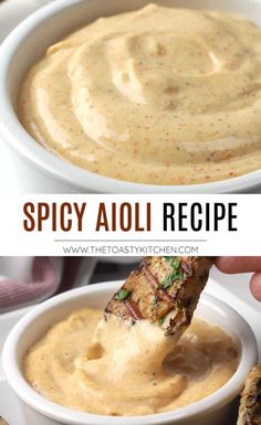 the recipe for spicy aioli is in a white bowl with a hand dipping sauce into it