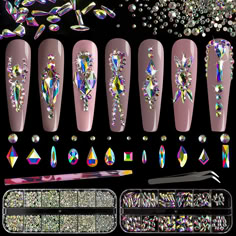 PRICES MAY VARY. ❤WHAT YOU WILL RECEIVE -- 1 Box of 6 Sizes Round AB Nail Crystal Rhinestones Beads (Totally About 1720 PCS); 1 Box of 12 Different Shaped Styles AB Stones Gem (About 120 PCS; 10 PCS for Each Shape); 1 PCS Rhinestone Picker Pencil; 1 PCS Tweezer. The Well Equipped Rhinestone Set Is Suitable for Both Professional Nail Technician and Inexperienced Starter for Nail Art. ❤BRIGHT & VIBRANT SPARKLE -- The Nail Crystal Is Made of High Quality Glass And Has Delicate and Exquisite Shine. Gem Placement, Crystal Placement, Crystal Nail Art, Shapes 3d, Manicure Diy, Gem Nails, Nail Art Rhinestones, Nail Polish Sets, Crystal Nails