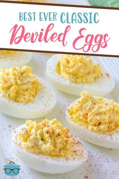 deviled eggs on a plate with sprinkles and text overlay that says best ever classic deviled eggs