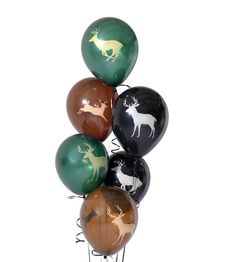 a bunch of balloons that are in the shape of animals and deers on them