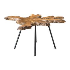 a wooden table with metal legs and a large piece of wood on it's side