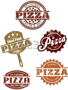 four different logos for pizza, including one with a spatula and the other with an emblem