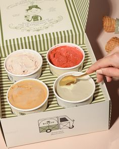 an ice cream box filled with four different types of ice creams and one being spooned out