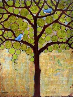 a painting of a tree with two birds perched on it