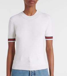 Web Stripe wool top in white - Gucci | Mytheresa Summer Fitted Gucci Tops, Gucci Fitted Tops For Spring, Fitted Gucci Tops For Spring, Spring Chic Gucci Top, Chic Gucci Tops For Spring, Elegant Fitted Gucci Tops, Fitted Off White Short Sleeve Tops, Chic White Gucci Top, Fitted Wool Beige Top