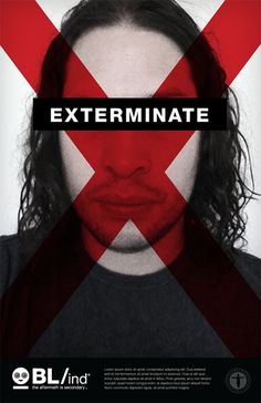 a man with long hair wearing a black shirt and red cross on his face is surrounded by the words exterminate