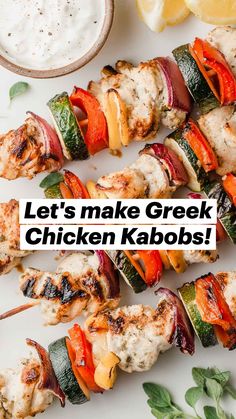 chicken kabobs on skewers with vegetables and herbs in the background text reads grilled chicken kabobs tender and juicy