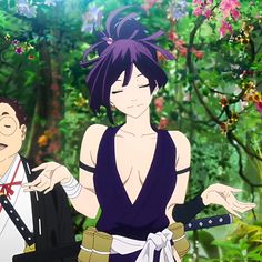 two anime characters standing in front of trees and bushes, one holding out his hand