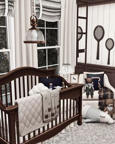 a baby's room is decorated in brown, white and blue colors with teddy bears on the bed