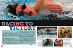 the article is about racing to victory, with pictures of swimmers in swimming caps and goggles