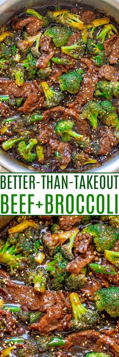 beef and broccoli stir fry in a pan with the words, better than takeout beef and broccoli