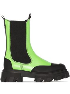 green/black panelled design branded insole chunky rubber sole calf-length double pull-tab at the opening Carbon Neutral, Black Panels, Chunky Boots, Black Rubber, Pull Tab, Boot Shoes Women, Rubber Rain Boots, Calf Leather, Rubber Sole