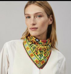 2d NWT Tory Burch folkloric reversible silk scarf 21x21 Cat Neckerchief. Designer Multicolor Silk Scarf For Spring, Spring Multicolor Bandana Print Scarves, Multicolor Bandana Print Scarves For Spring, Spring Traditional Silk Scarf, Neck Scarf, Neck Scarves, Silk Scarf, Tory Burch, Crochet Necklace