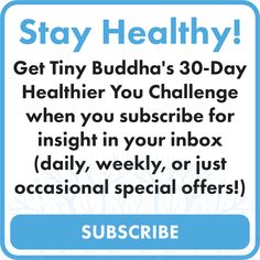 a blue and white sign that says stay healthy get tiny buddha's 30 - day health