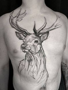 a man with a deer tattoo on his chest