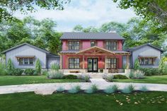 this is an artist's rendering of a house in the country style with red accents